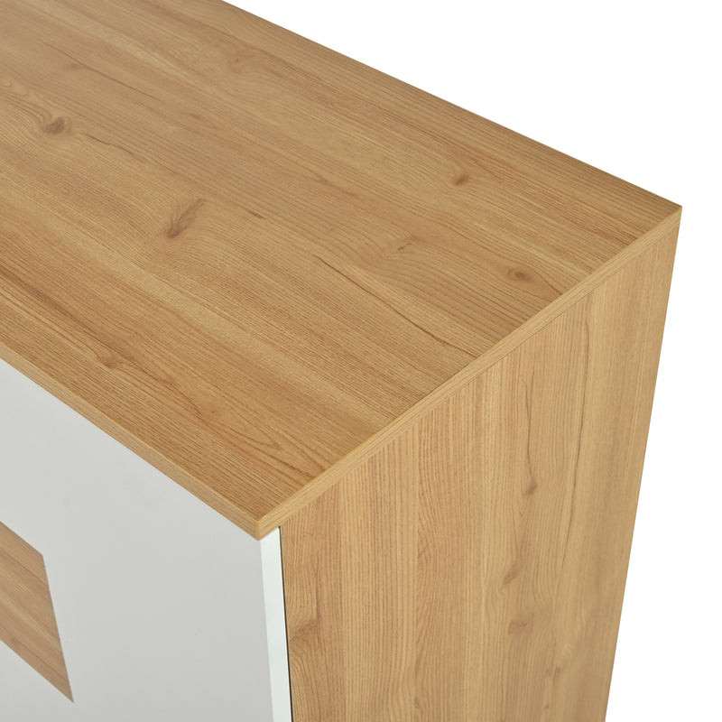 Buffet Moderne Bicolore Bois Naturel et Blanc avec LED Multicolores, Rangement Ajustable et 4 Tiroirs STUD
