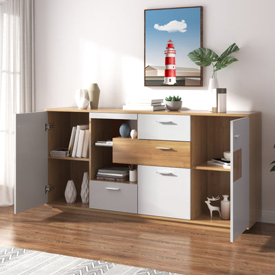 Buffet Moderne Bicolore Bois Naturel et Blanc avec LED Multicolores, Rangement Ajustable et 4 Tiroirs STUD