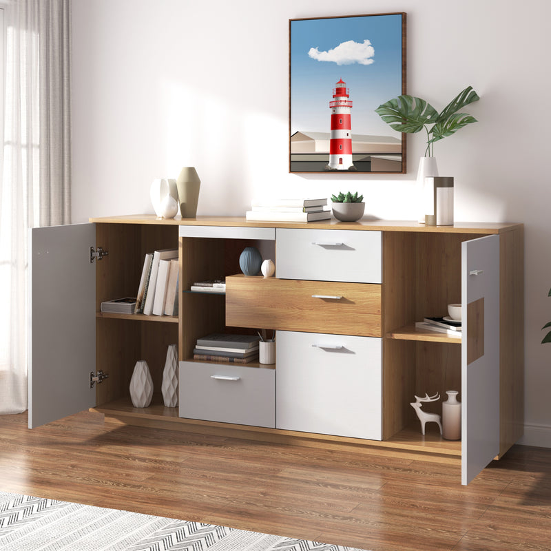 Buffet Moderne Bicolore Bois Naturel et Blanc avec LED Multicolores, Rangement Ajustable et 4 Tiroirs STUD