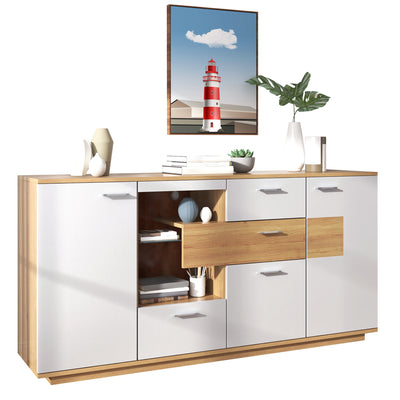 Buffet Moderne Bicolore Bois Naturel et Blanc avec LED Multicolores, Rangement Ajustable et 4 Tiroirs STUD