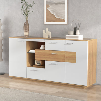 Buffet Moderne Bicolore Bois Naturel et Blanc avec LED Multicolores, Rangement Ajustable et 4 Tiroirs STUD