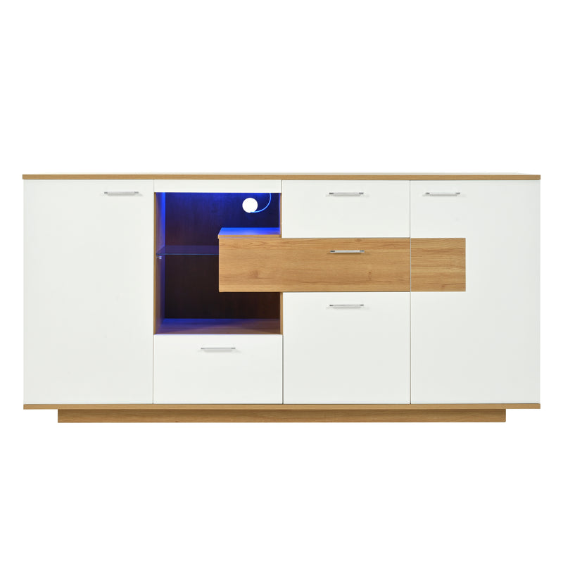 Buffet Moderne Bicolore Bois Naturel et Blanc avec LED Multicolores, Rangement Ajustable et 4 Tiroirs STUD