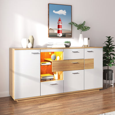 Buffet Moderne Bicolore Bois Naturel et Blanc avec LED Multicolores, Rangement Ajustable et 4 Tiroirs STUD