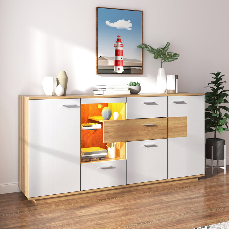 Buffet Moderne Bicolore Bois Naturel et Blanc avec LED Multicolores, Rangement Ajustable et 4 Tiroirs STUD