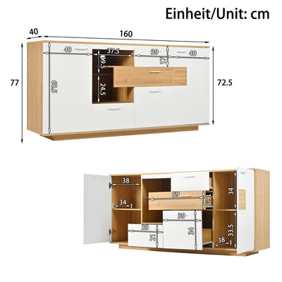 Buffet Moderne Bicolore Bois Naturel et Blanc avec LED Multicolores, Rangement Ajustable et 4 Tiroirs STUD