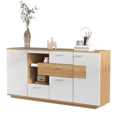 Buffet Moderne Bicolore Bois Naturel et Blanc avec LED Multicolores, Rangement Ajustable et 4 Tiroirs STUD