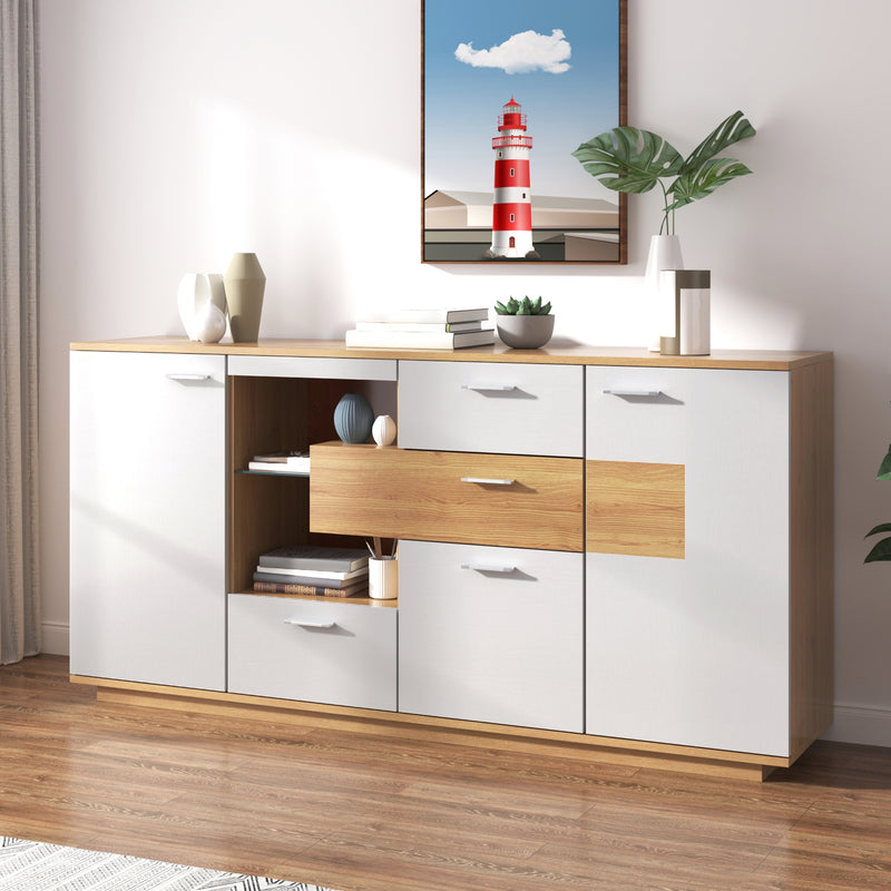 Buffet Moderne Bicolore Bois Naturel et Blanc avec LED Multicolores, Rangement Ajustable et 4 Tiroirs STUD
