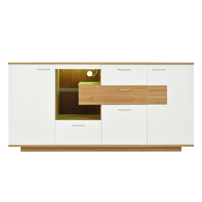 Buffet Moderne Bicolore Bois Naturel et Blanc avec LED Multicolores, Rangement Ajustable et 4 Tiroirs STUD