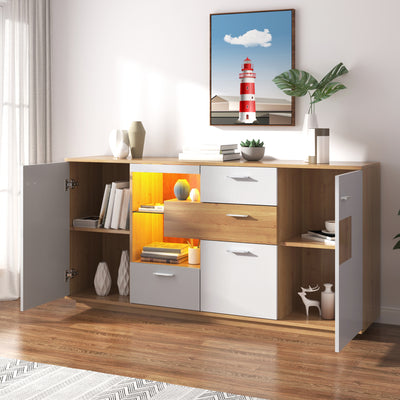 Buffet Moderne Bicolore Bois Naturel et Blanc avec LED Multicolores, Rangement Ajustable et 4 Tiroirs STUD