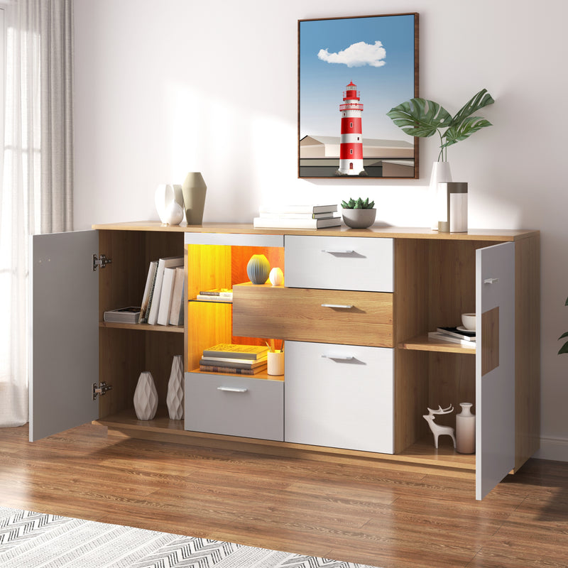 Buffet Moderne Bicolore Bois Naturel et Blanc avec LED Multicolores, Rangement Ajustable et 4 Tiroirs STUD