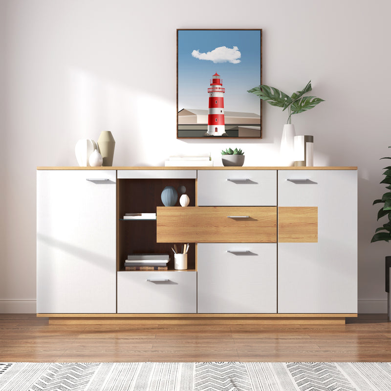Buffet Moderne Bicolore Bois Naturel et Blanc avec LED Multicolores, Rangement Ajustable et 4 Tiroirs STUD