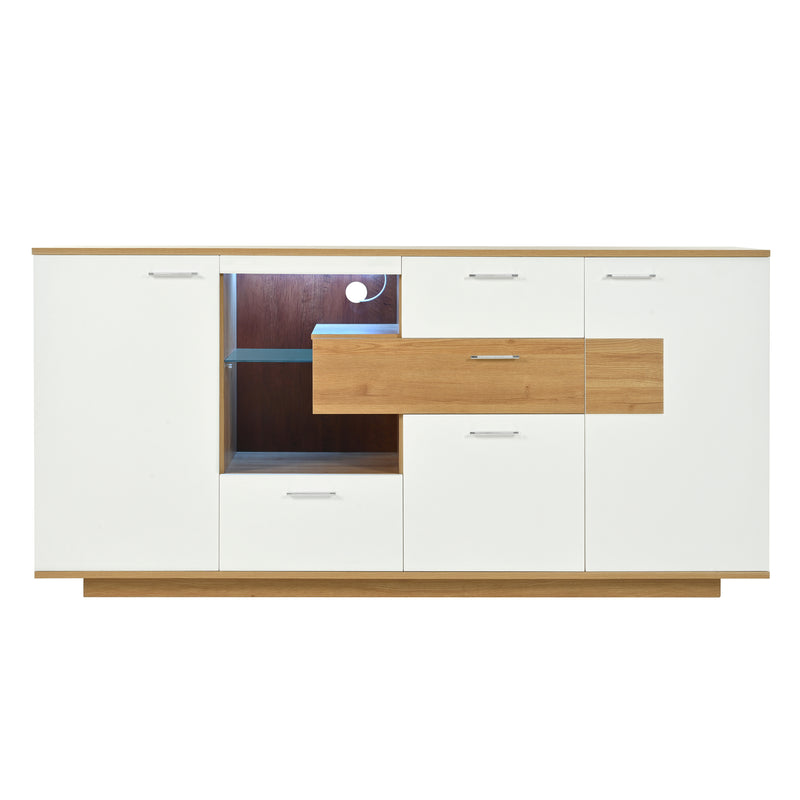 Buffet Moderne Bicolore Bois Naturel et Blanc avec LED Multicolores, Rangement Ajustable et 4 Tiroirs STUD