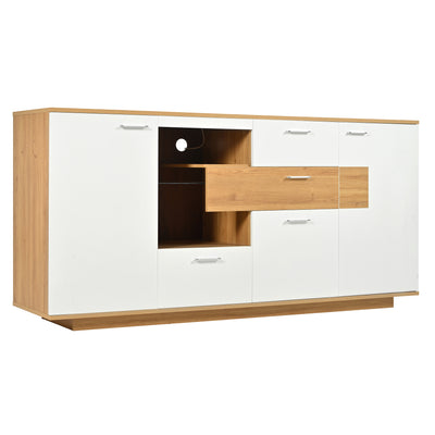 Buffet Moderne Bicolore Bois Naturel et Blanc avec LED Multicolores, Rangement Ajustable et 4 Tiroirs STUD