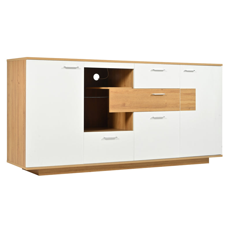 Buffet Moderne Bicolore Bois Naturel et Blanc avec LED Multicolores, Rangement Ajustable et 4 Tiroirs STUD
