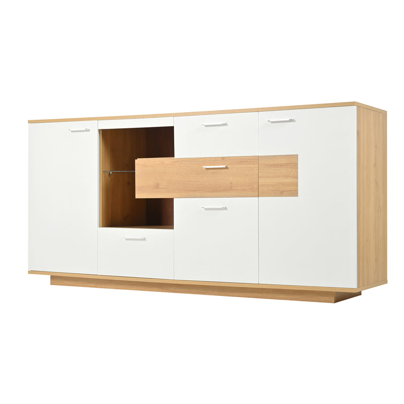 Buffet Moderne Bicolore Bois Naturel et Blanc avec LED Multicolores, Rangement Ajustable et 4 Tiroirs STUD
