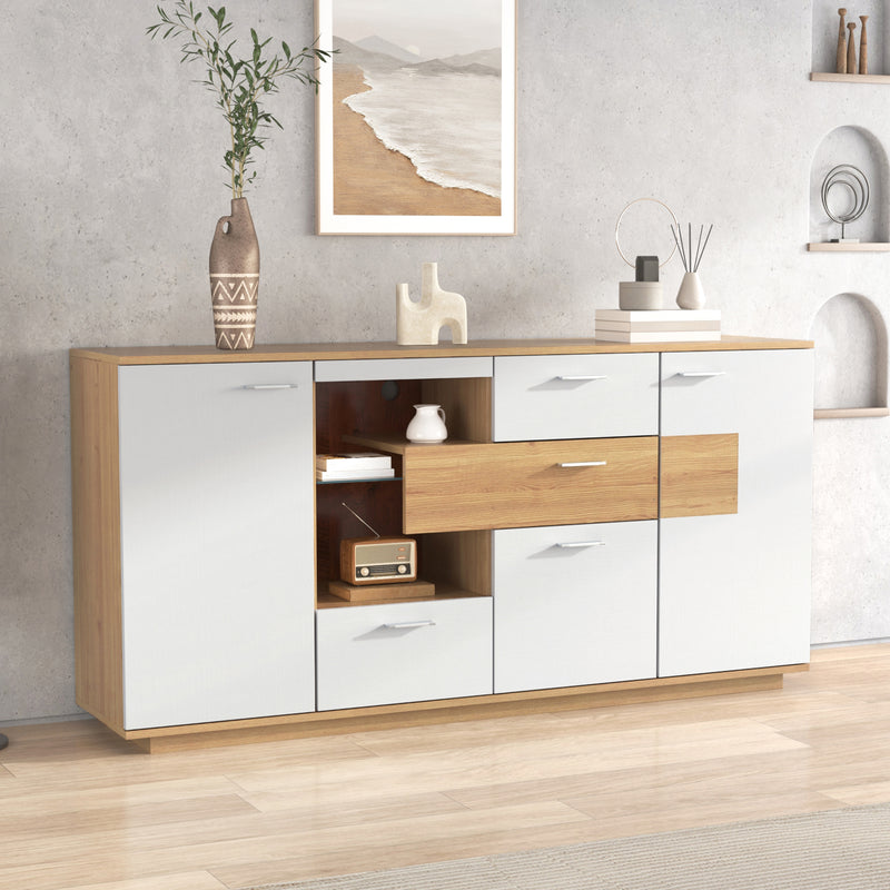 Buffet Moderne Bicolore Bois Naturel et Blanc avec LED Multicolores, Rangement Ajustable et 4 Tiroirs STUD