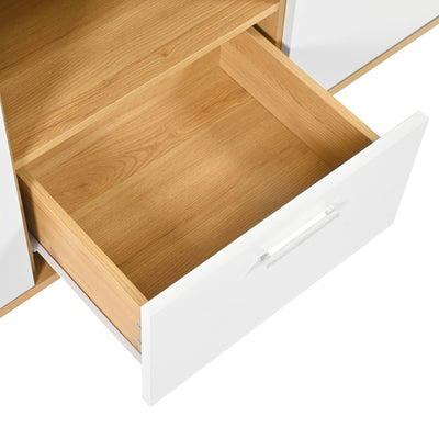 Buffet Moderne Bicolore Bois Naturel et Blanc avec LED Multicolores, Rangement Ajustable et 4 Tiroirs STUD