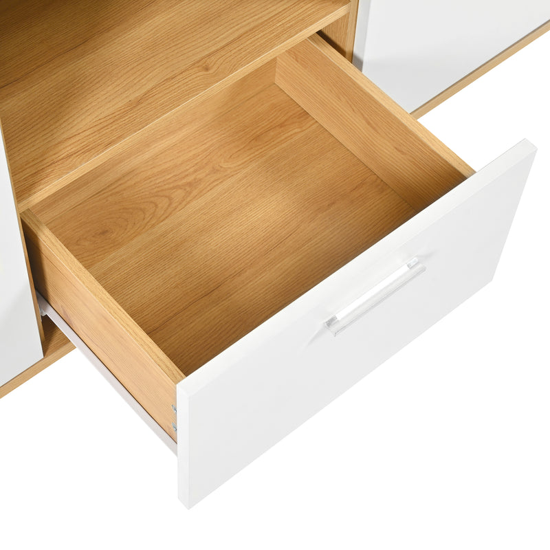 Buffet Moderne Bicolore Bois Naturel et Blanc avec LED Multicolores, Rangement Ajustable et 4 Tiroirs STUD
