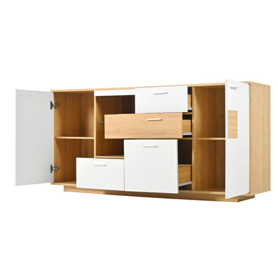 Buffet Moderne Bicolore Bois Naturel et Blanc avec LED Multicolores, Rangement Ajustable et 4 Tiroirs STUD