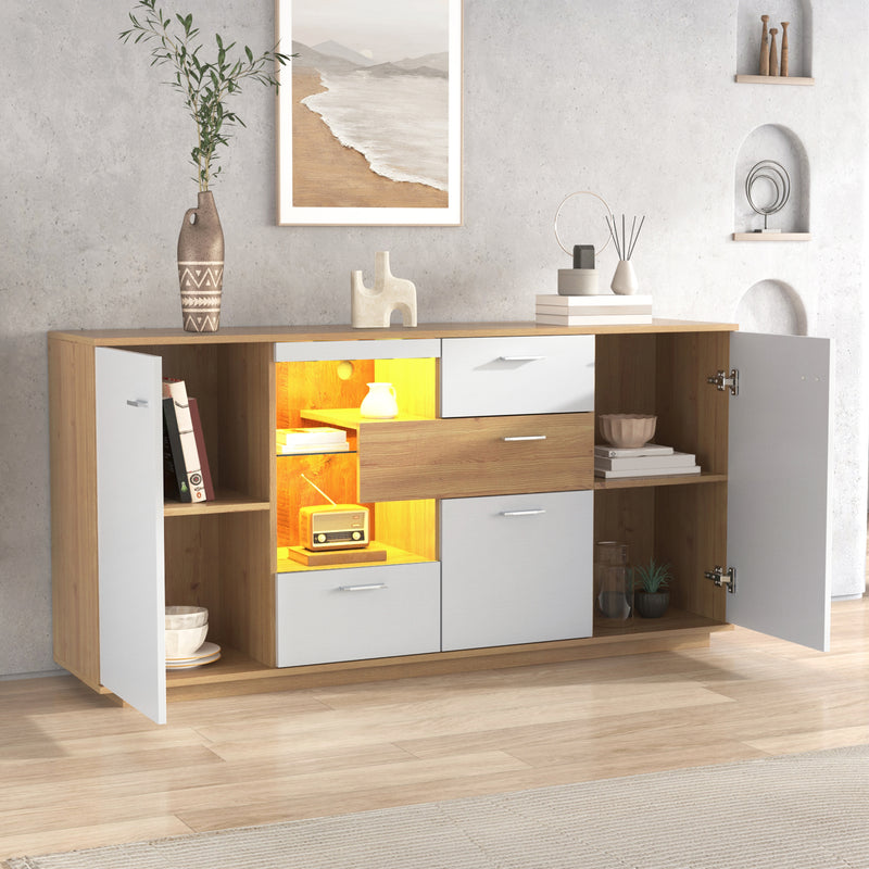 Buffet Moderne Bicolore Bois Naturel et Blanc avec LED Multicolores, Rangement Ajustable et 4 Tiroirs STUD