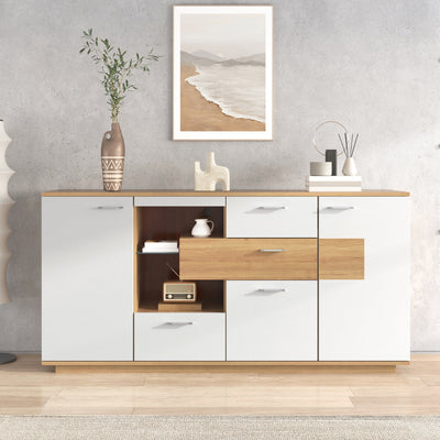 Buffet Moderne Bicolore Bois Naturel et Blanc avec LED Multicolores, Rangement Ajustable et 4 Tiroirs STUD