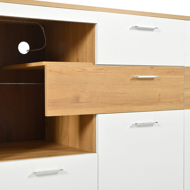 Buffet Moderne Bicolore Bois Naturel et Blanc avec LED Multicolores, Rangement Ajustable et 4 Tiroirs STUD