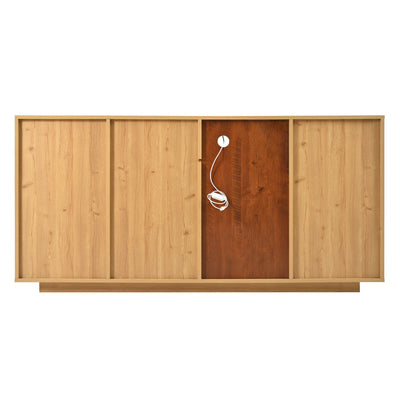 Buffet Moderne Bicolore Bois Naturel et Blanc avec LED Multicolores, Rangement Ajustable et 4 Tiroirs STUD