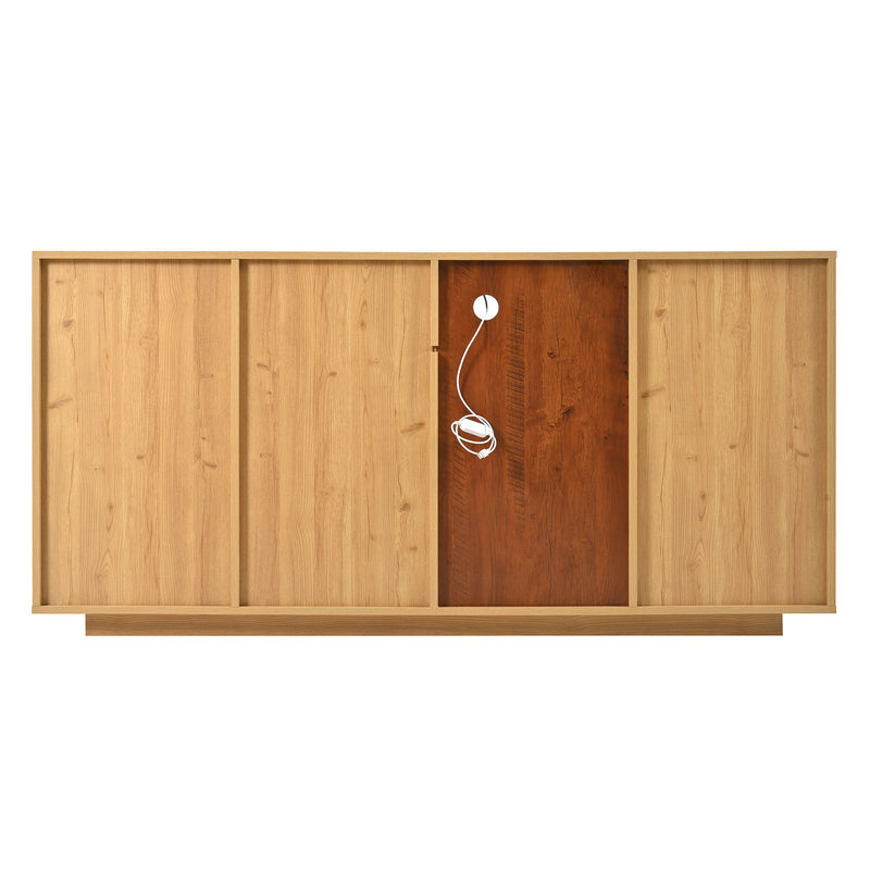 Buffet Moderne Bicolore Bois Naturel et Blanc avec LED Multicolores, Rangement Ajustable et 4 Tiroirs STUD
