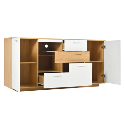 Buffet Moderne Bicolore Bois Naturel et Blanc avec LED Multicolores, Rangement Ajustable et 4 Tiroirs STUD