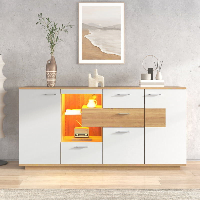 Buffet Moderne Bicolore Bois Naturel et Blanc avec LED Multicolores, Rangement Ajustable et 4 Tiroirs STUD