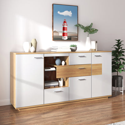 Buffet Moderne Bicolore Bois Naturel et Blanc avec LED Multicolores, Rangement Ajustable et 4 Tiroirs STUD