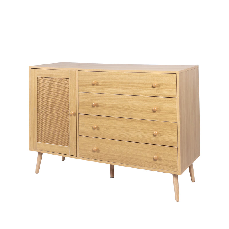 Buffet en Bois Naturel avec 4 Tiroirs et Porte Aspect Rotin - Idéal pour Robot Aspirateur THRACZETS