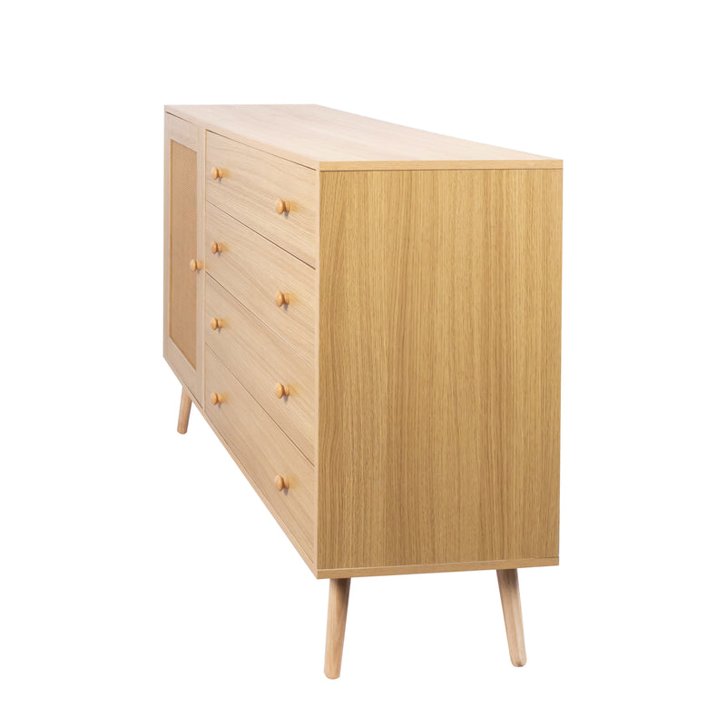 Buffet en Bois Naturel avec 4 Tiroirs et Porte Aspect Rotin - Idéal pour Robot Aspirateur THRACZETS