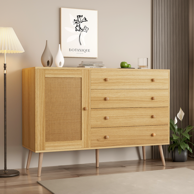 Buffet en Bois Naturel avec 4 Tiroirs et Porte Aspect Rotin - Idéal pour Robot Aspirateur THRACZETS
