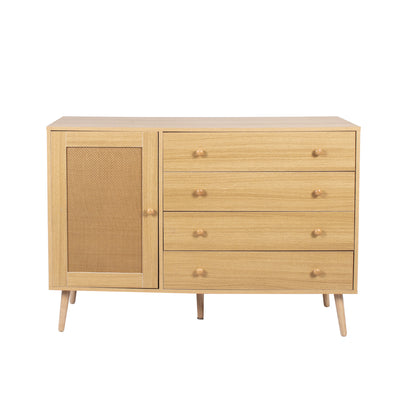Buffet en Bois Naturel avec 4 Tiroirs et Porte Aspect Rotin - Idéal pour Robot Aspirateur THRACZETS