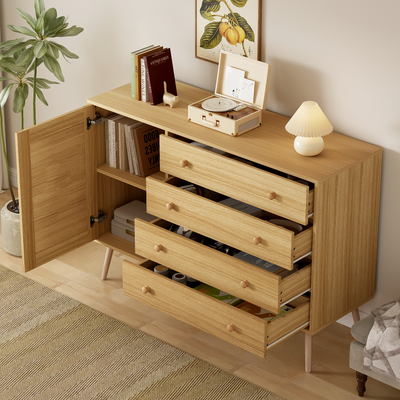 Buffet en Bois Naturel avec 4 Tiroirs et Porte Aspect Rotin - Idéal pour Robot Aspirateur THRACZETS