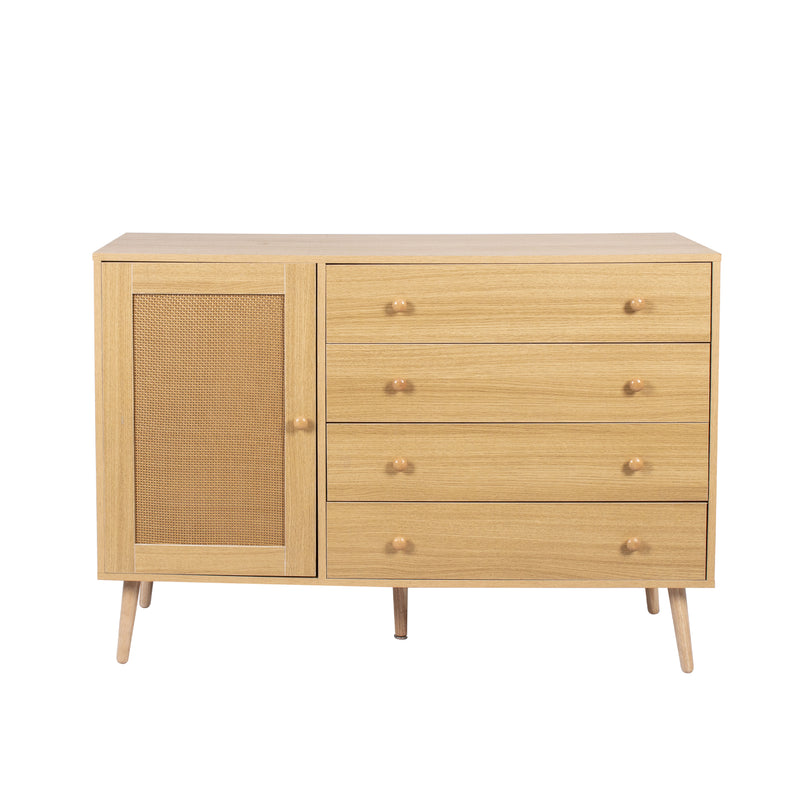 Buffet en Bois Naturel avec 4 Tiroirs et Porte Aspect Rotin - Idéal pour Robot Aspirateur THRACZETS