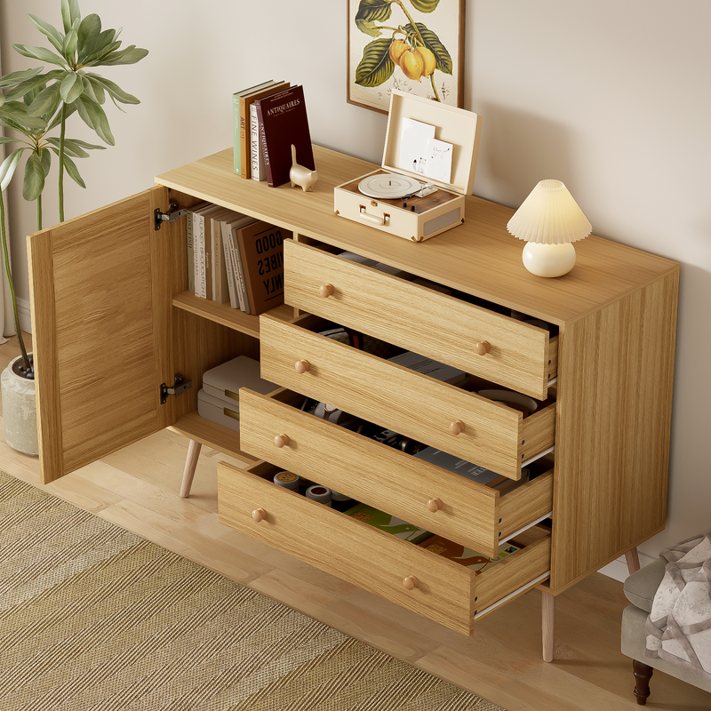 Buffet en Bois Naturel avec 4 Tiroirs et Porte Aspect Rotin - Idéal pour Robot Aspirateur THRACZETS