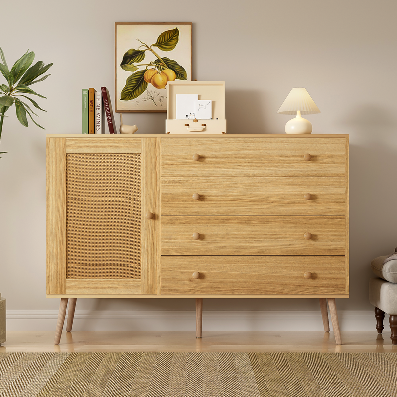 Buffet en Bois Naturel avec 4 Tiroirs et Porte Aspect Rotin - Idéal pour Robot Aspirateur THRACZETS