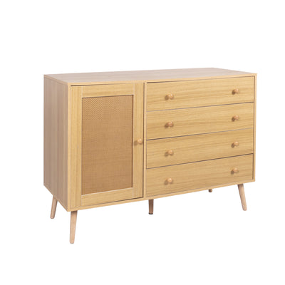 Buffet en Bois Naturel avec 4 Tiroirs et Porte Aspect Rotin - Idéal pour Robot Aspirateur THRACZETS