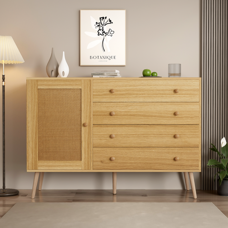 Buffet en Bois Naturel avec 4 Tiroirs et Porte Aspect Rotin - Idéal pour Robot Aspirateur THRACZETS