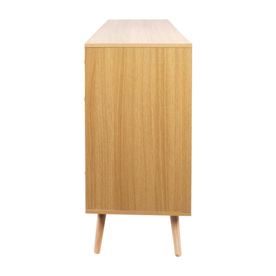 Buffet en Bois Naturel avec 4 Tiroirs et Porte Aspect Rotin - Idéal pour Robot Aspirateur THRACZETS
