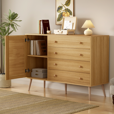 Buffet en Bois Naturel avec 4 Tiroirs et Porte Aspect Rotin - Idéal pour Robot Aspirateur THRACZETS