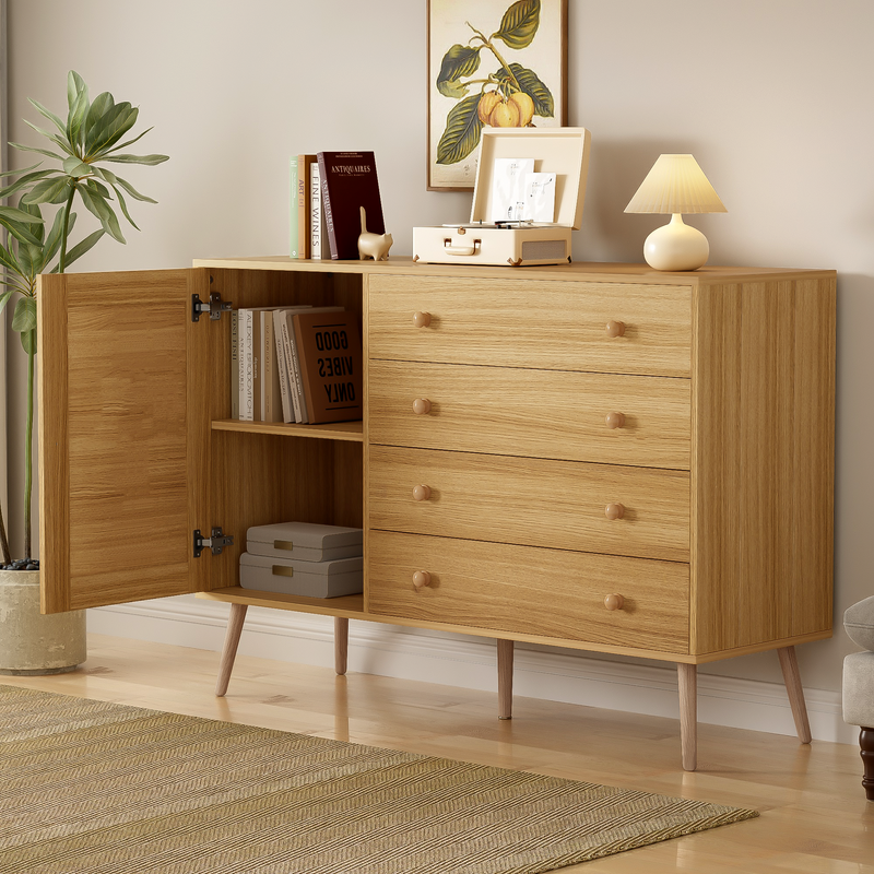 Buffet en Bois Naturel avec 4 Tiroirs et Porte Aspect Rotin - Idéal pour Robot Aspirateur THRACZETS