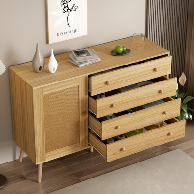 Buffet en Bois Naturel avec 4 Tiroirs et Porte Aspect Rotin - Idéal pour Robot Aspirateur THRACZETS