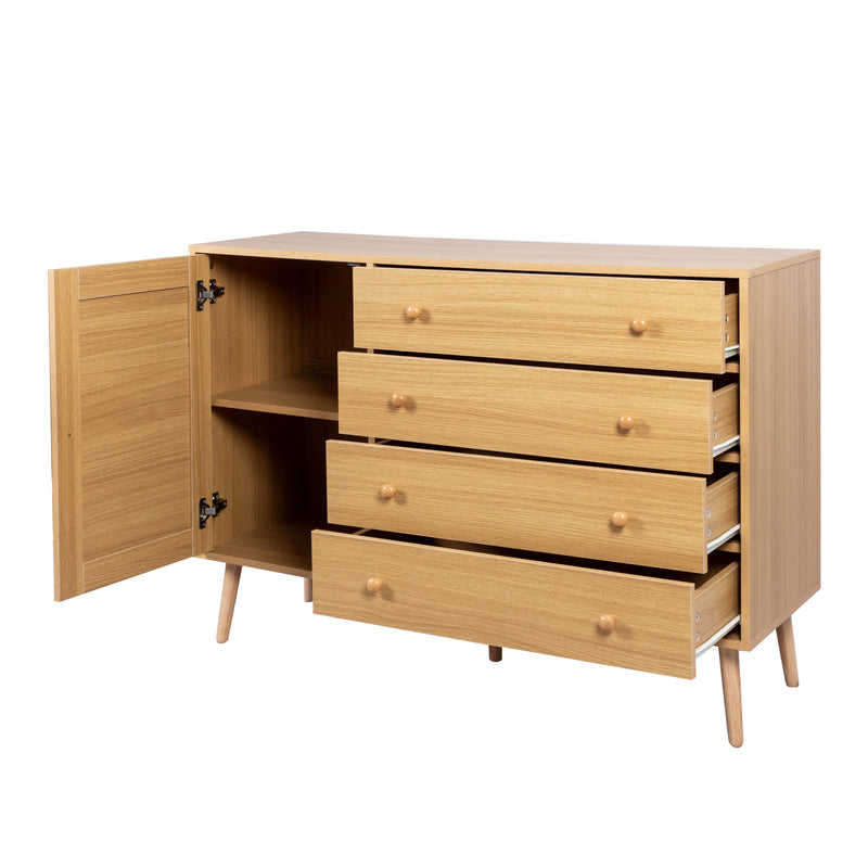 Buffet en Bois Naturel avec 4 Tiroirs et Porte Aspect Rotin - Idéal pour Robot Aspirateur THRACZETS