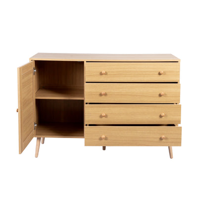 Buffet en Bois Naturel avec 4 Tiroirs et Porte Aspect Rotin - Idéal pour Robot Aspirateur THRACZETS