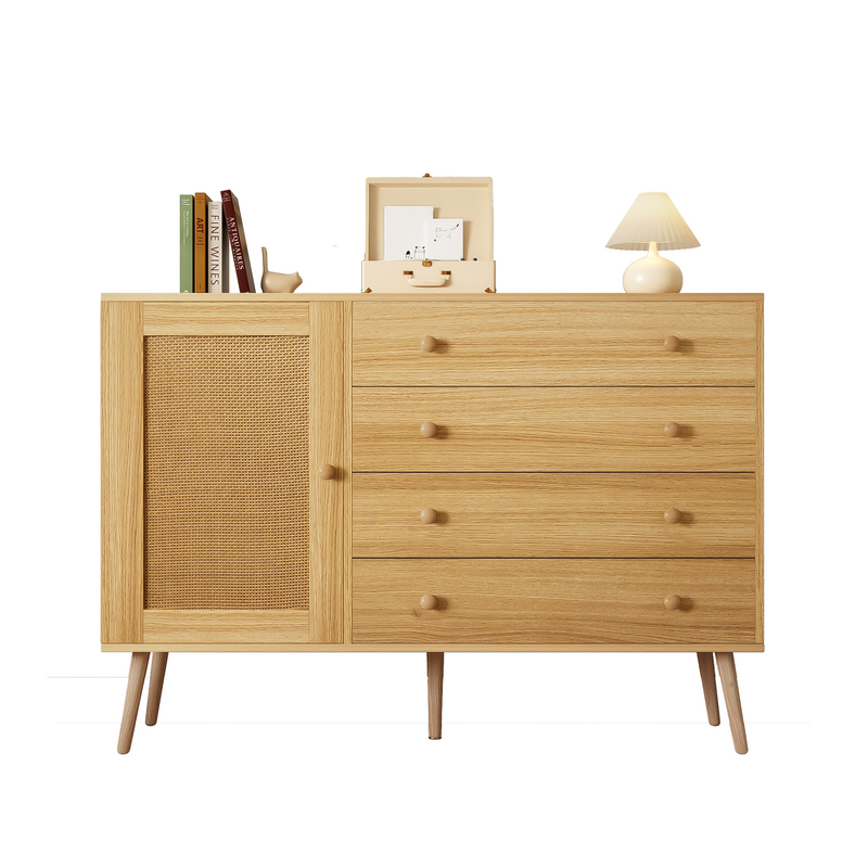 Buffet en Bois Naturel avec 4 Tiroirs et Porte Aspect Rotin - Idéal pour Robot Aspirateur THRACZETS