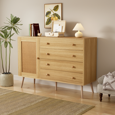 Buffet en Bois Naturel avec 4 Tiroirs et Porte Aspect Rotin - Idéal pour Robot Aspirateur THRACZETS