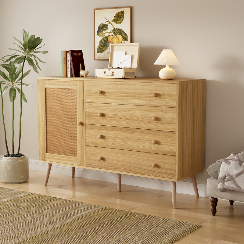 Buffet en Bois Naturel avec 4 Tiroirs et Porte Aspect Rotin - Idéal pour Robot Aspirateur THRACZETS